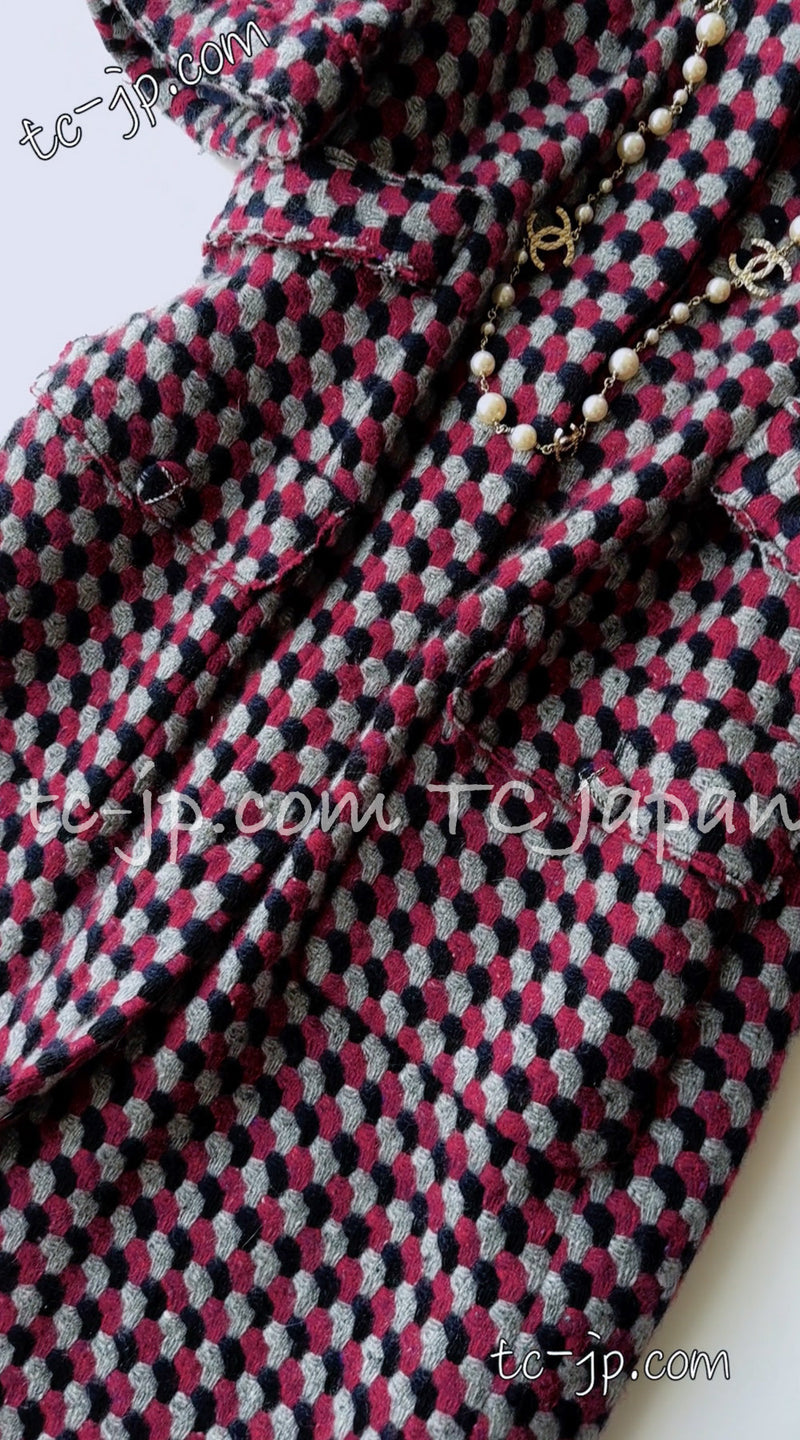 CHANEL 07A Gray Wine Red Navy Cashmere Coat 40 シャネル グレー ワインレッド ネイビー カシミア コート 即発