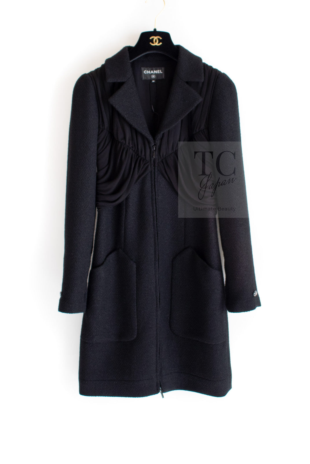 CHANEL 16B Black Zipper Wool Dress Coat 38 シャネル ブラック ジッパー ウール ドレープ ワンピース コート 即発