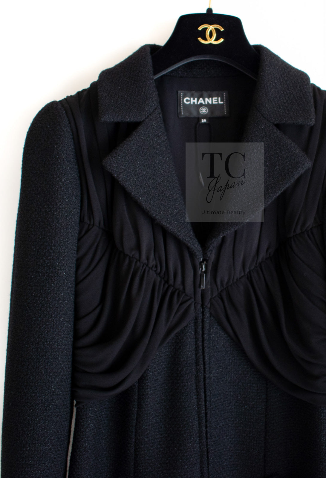 CHANEL 16B Black Zipper Wool Dress Coat 38 シャネル ブラック ジッパー ウール ドレープ ワンピース コート 即発