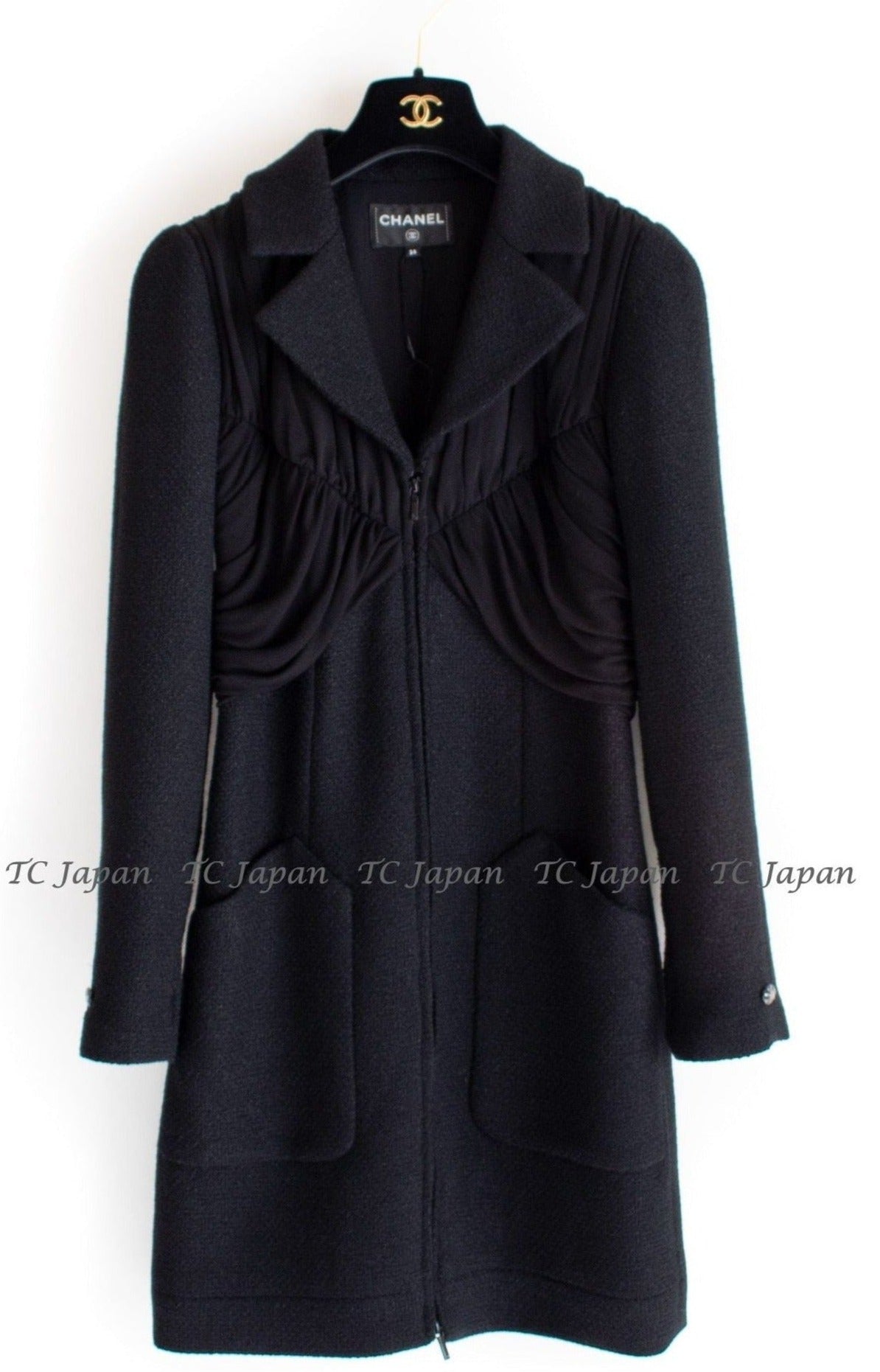 CHANEL 16B Black Zipper Wool Dress Coat 38 シャネル ブラック ジッパー ウール ドレープ ワンピース コート 即発