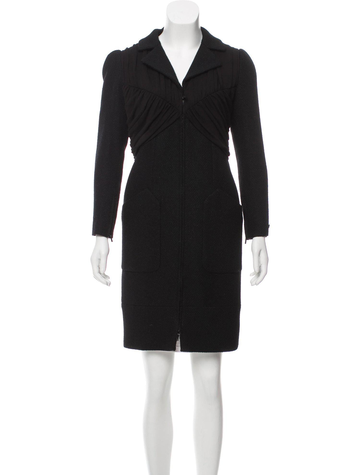 CHANEL 16B Black Zipper Wool Dress Coat 38 シャネル ブラック ジッパー ウール ドレープ ワンピース コート 即発