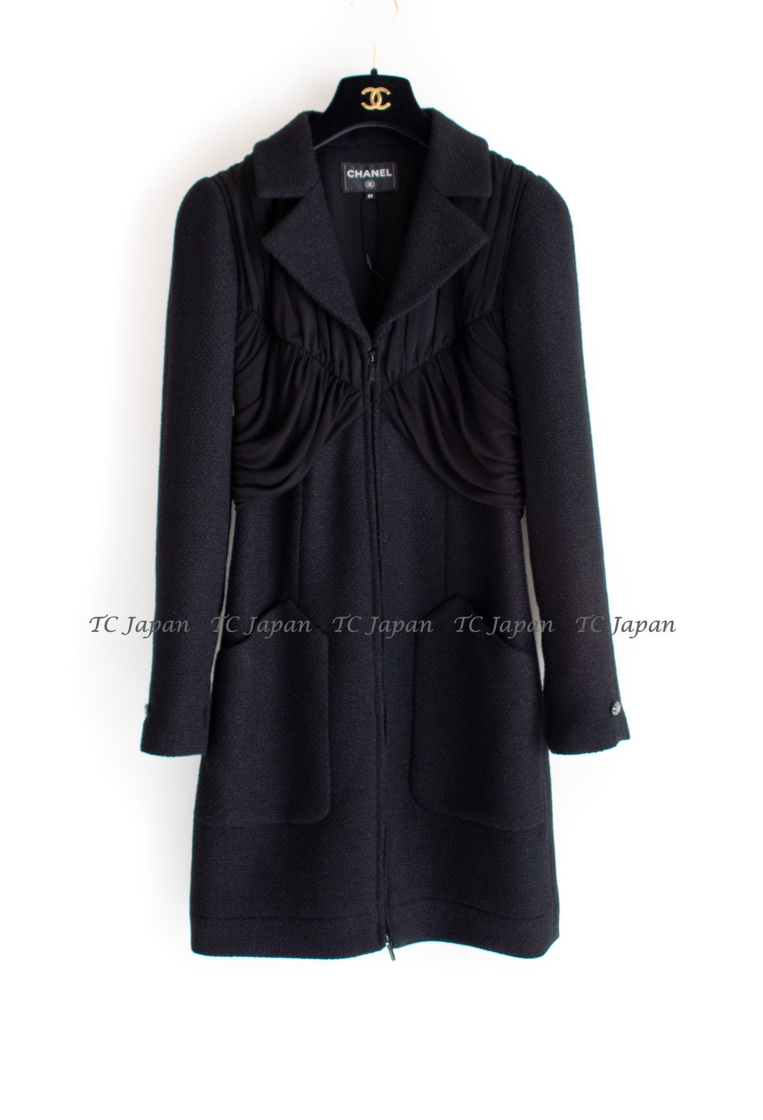 CHANEL 16B Black Zipper Wool Dress Coat 38 シャネル ブラック ジッパー ウール ドレープ ワンピース コート 即発