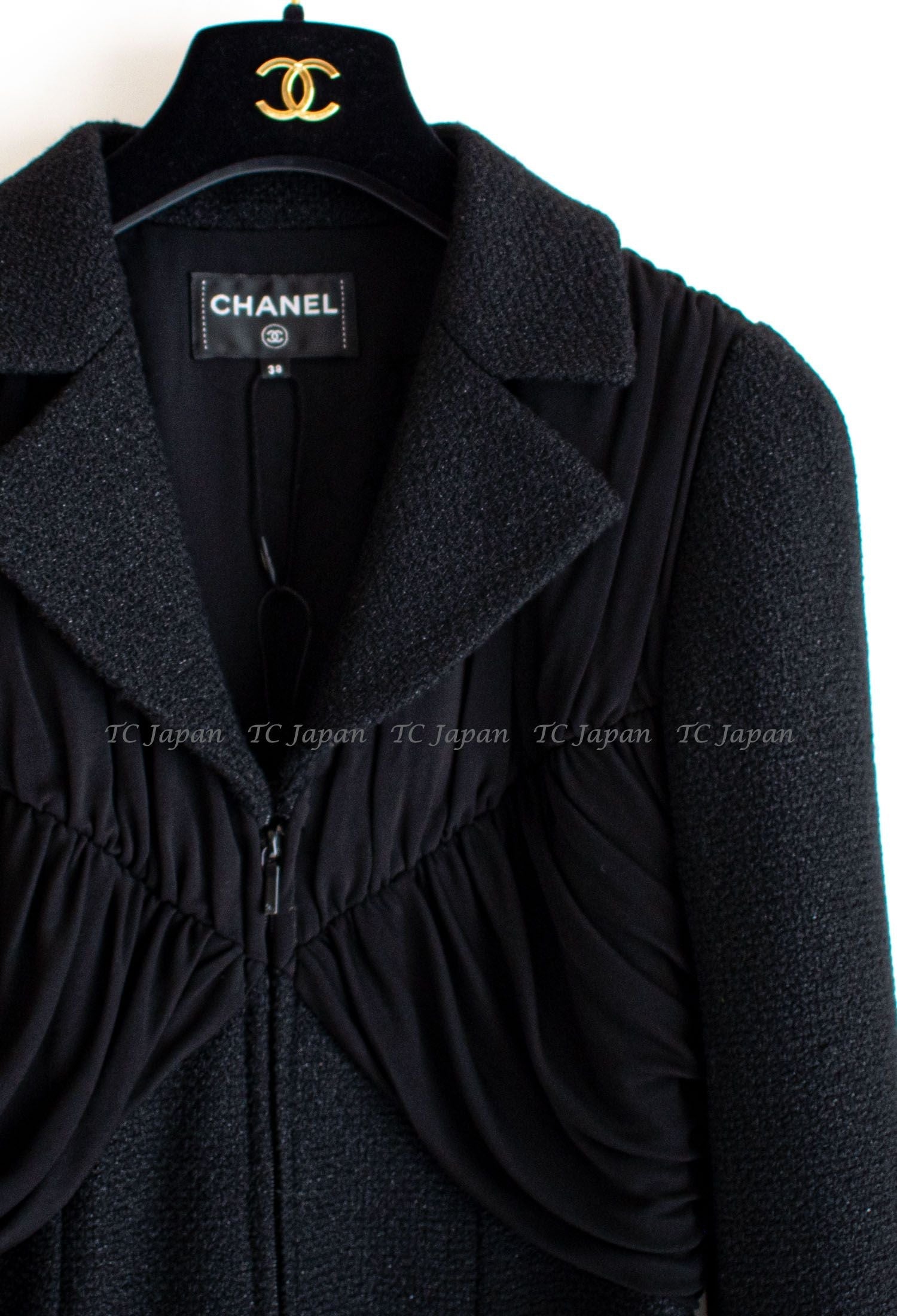 CHANEL 16B Black Zipper Wool Dress Coat 38 シャネル ブラック ジッパー ウール ドレープ ワンピース コート 即発