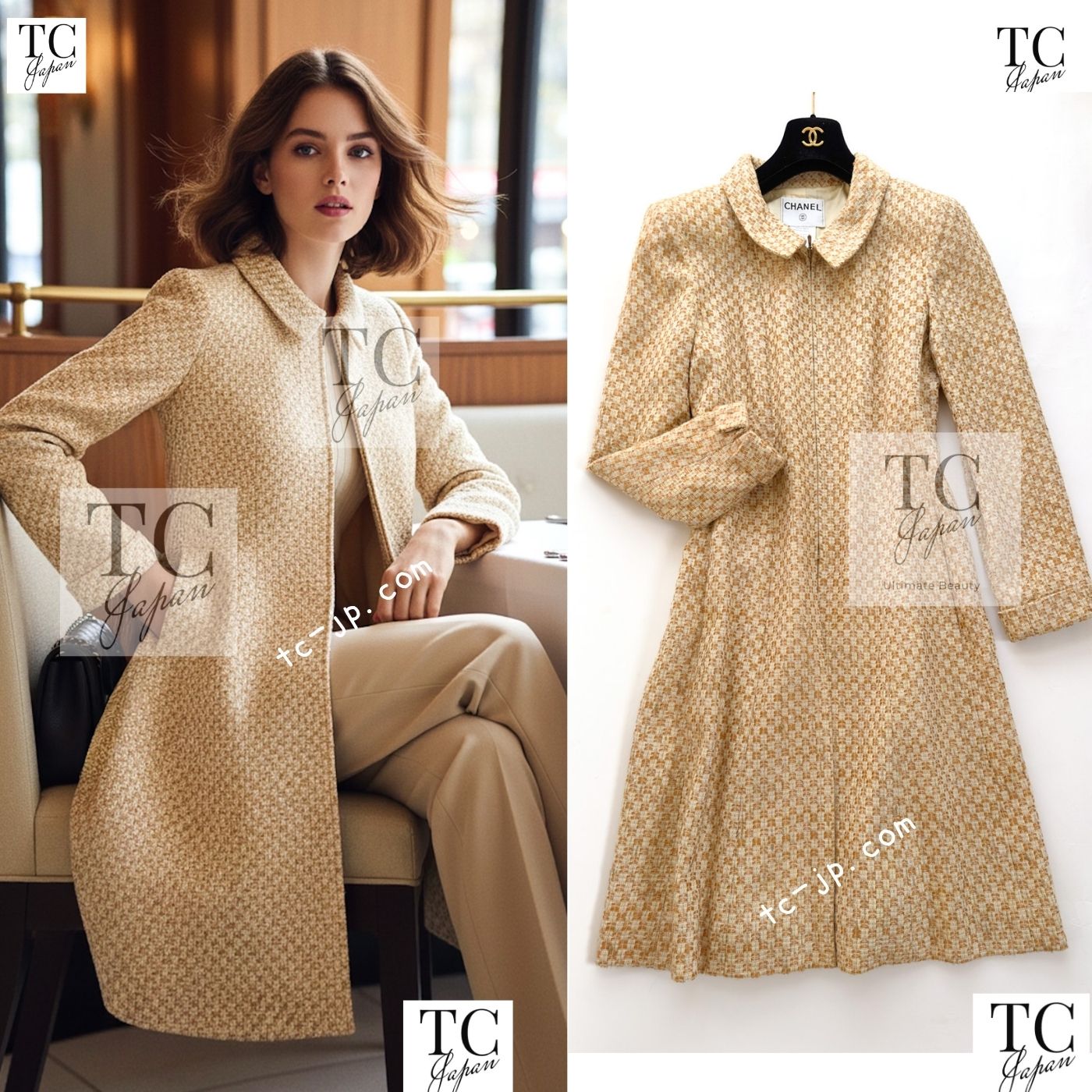 CHANEL 01C Vintage Honey Marigold Beige Zipper Cotton Tweed Coat 42 シャネル ヴィンテージ ハニー マリー ゴールド ベージュコットン ジッパー ツイード コート 即発