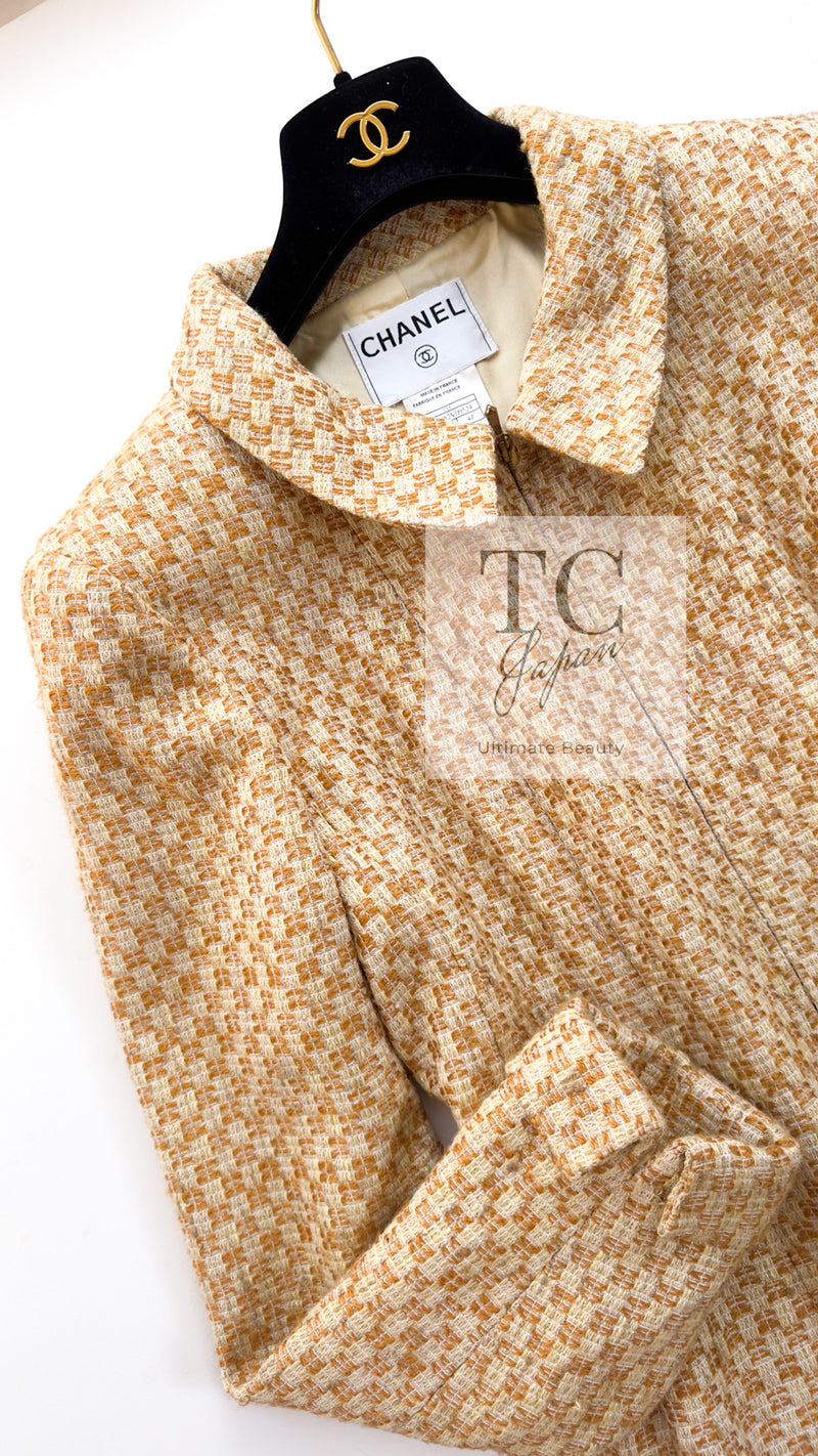 CHANEL 01C Honey Marigold Beige Zipper Cotton Tweed Coat 42 シャネル ハニー マリー ゴールド ベージュコットン ジッパー ツイード コート 即発