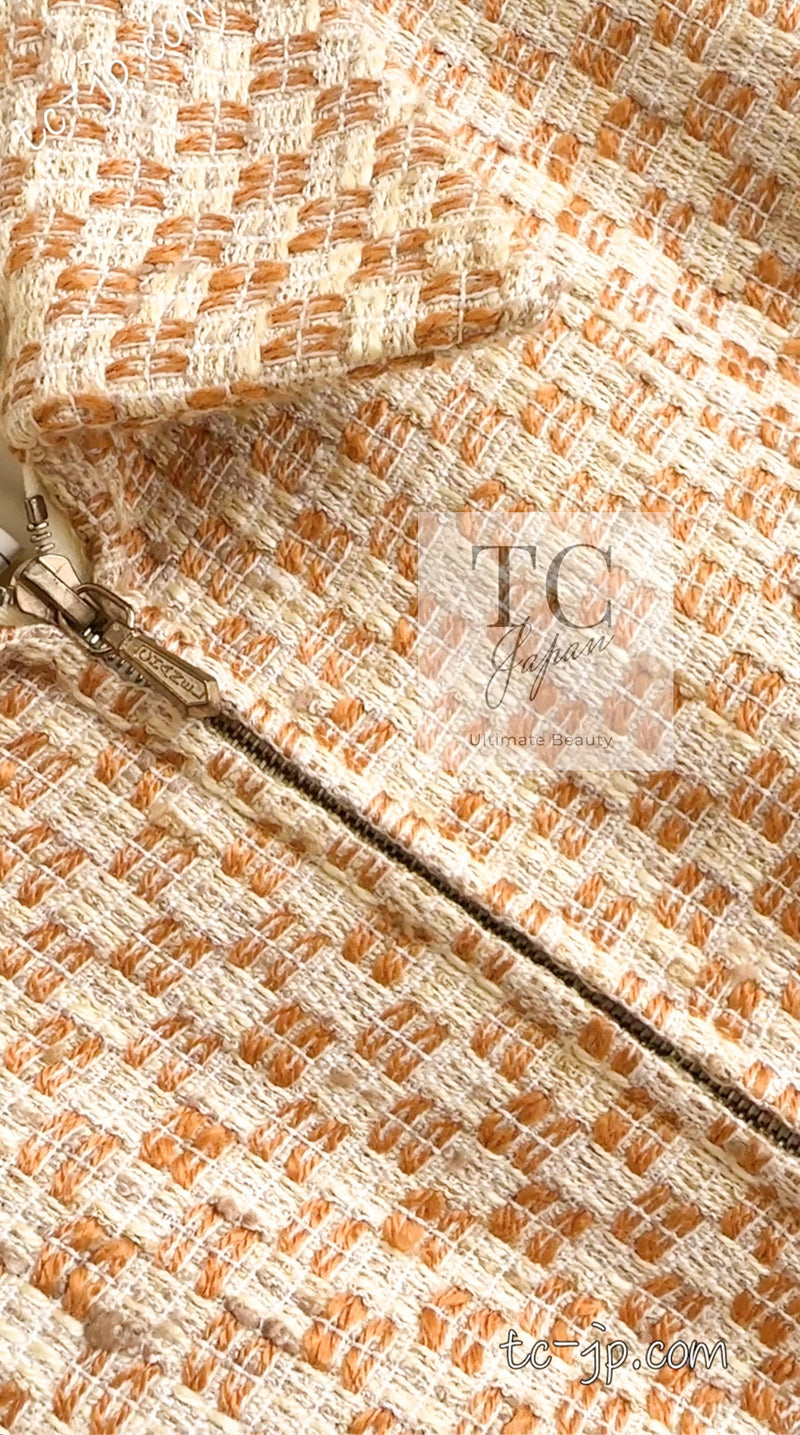 CHANEL 01C Honey Marigold Beige Zipper Cotton Tweed Coat 42 シャネル ハニー マリー ゴールド ベージュコットン ジッパー ツイード コート 即発