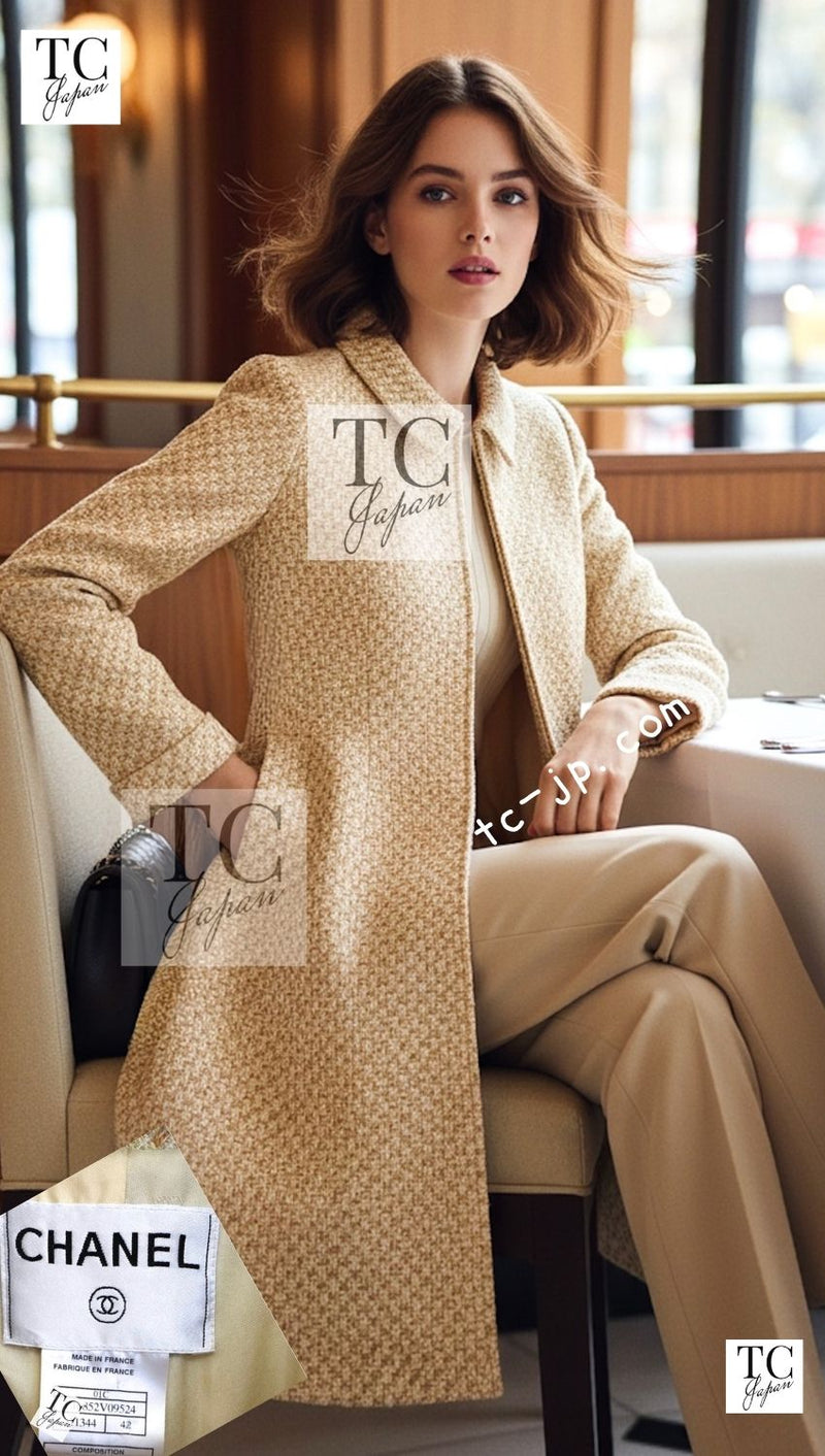 CHANEL 01C Vintage Honey Marigold Beige Zipper Cotton Tweed Coat 42 シャネル ヴィンテージ ハニー マリー ゴールド ベージュコットン ジッパー ツイード コート 即発