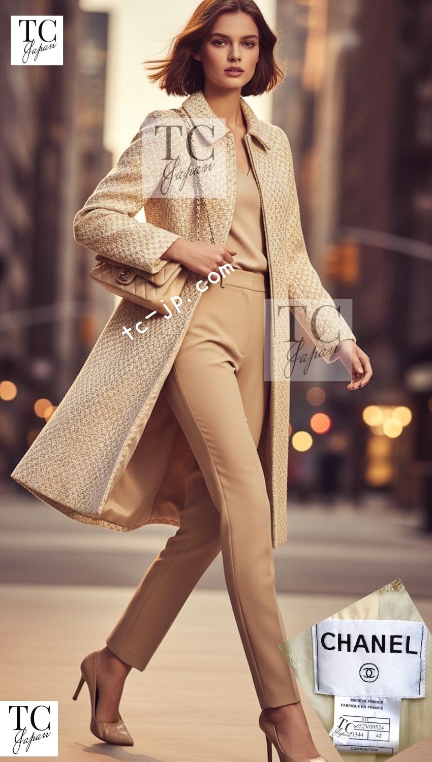 CHANEL 01C Vintage Honey Marigold Beige Zipper Cotton Tweed Coat 42 シャネル ヴィンテージ ハニー マリー ゴールド ベージュコットン ジッパー ツイード コート 即発