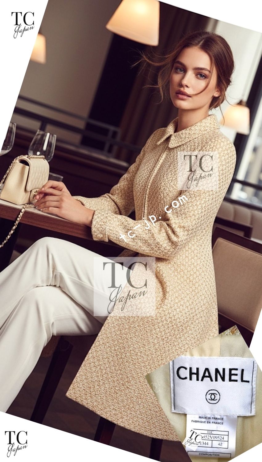 CHANEL 01C Vintage Honey Marigold Beige Zipper Cotton Tweed Coat 42 シャネル ヴィンテージ ハニー マリー ゴールド ベージュコットン ジッパー ツイード コート 即発