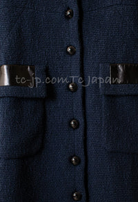 CHANEL 16S Navy Black Leather Collar Tweed Coat 36 42 シャネル ネイビー ブラック レザー襟 ツイード コート 即発