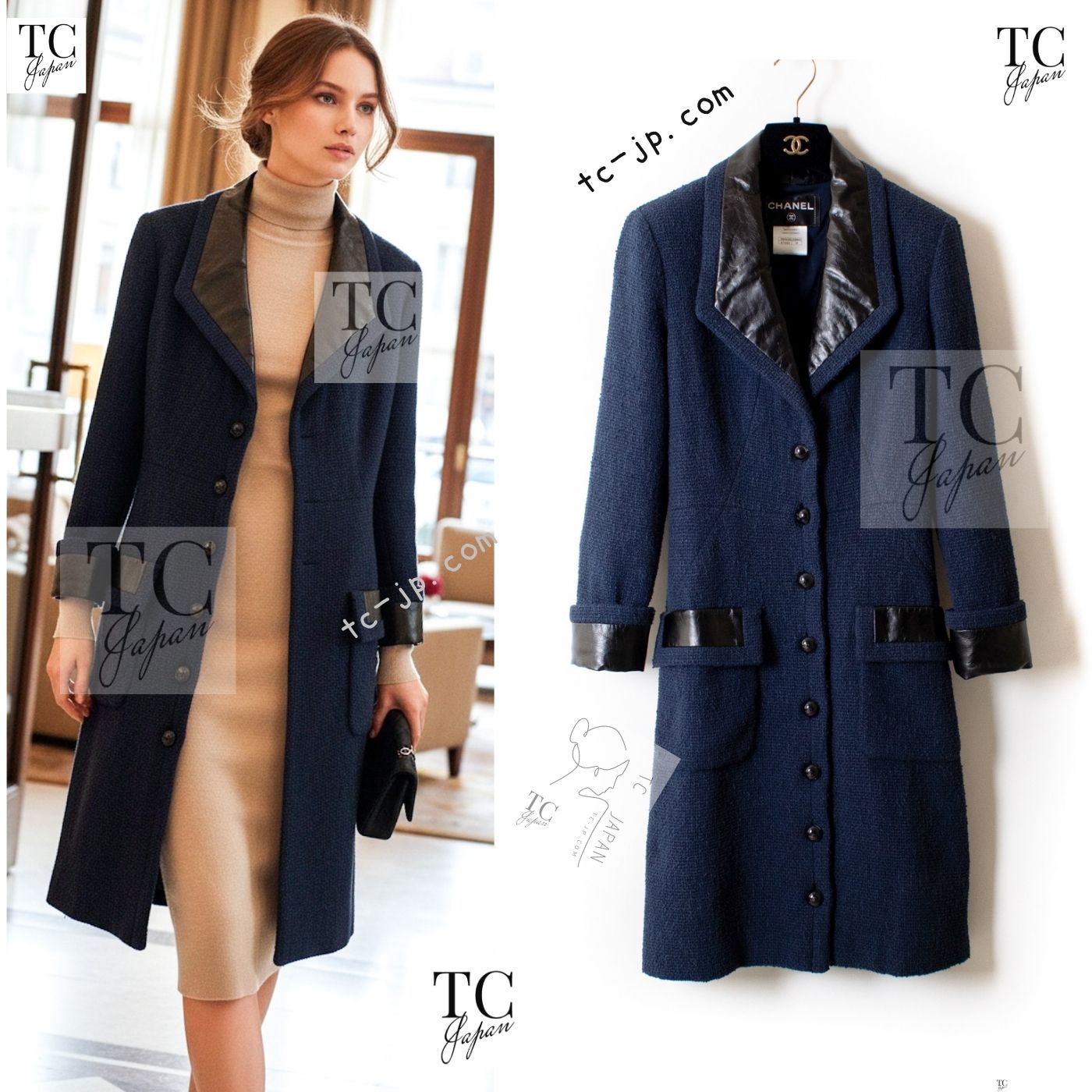 CHANEL 16S Navy Black Leather Collar Tweed Coat 36 42 シャネル ネイビー ブラック レザー襟 ツイード コート 即発