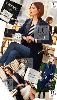 CHANEL 16S Navy Black Leather Collar Tweed Coat 36 42 シャネル ネイビー ブラック レザー襟 ツイード コート 即発