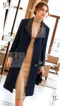 CHANEL 16S Navy Black Leather Collar Tweed Coat 36 42 シャネル ネイビー ブラック レザー襟 ツイード コート 即発 - TC JAPAN