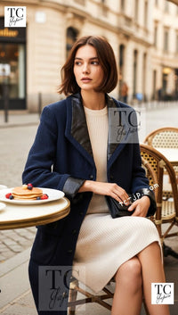 CHANEL 16S Navy Black Leather Collar Tweed Coat 36 42 シャネル ネイビー ブラック レザー襟 ツイード コート 即発 - TC JAPAN