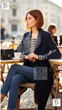 CHANEL 16S Navy Black Leather Collar Tweed Coat 36 42 シャネル ネイビー ブラック レザー襟 ツイード コート 即発