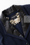 CHANEL 16S Navy Black Leather Collar Tweed Coat 36 42 シャネル ネイビー ブラック レザー襟 ツイード コート 即発