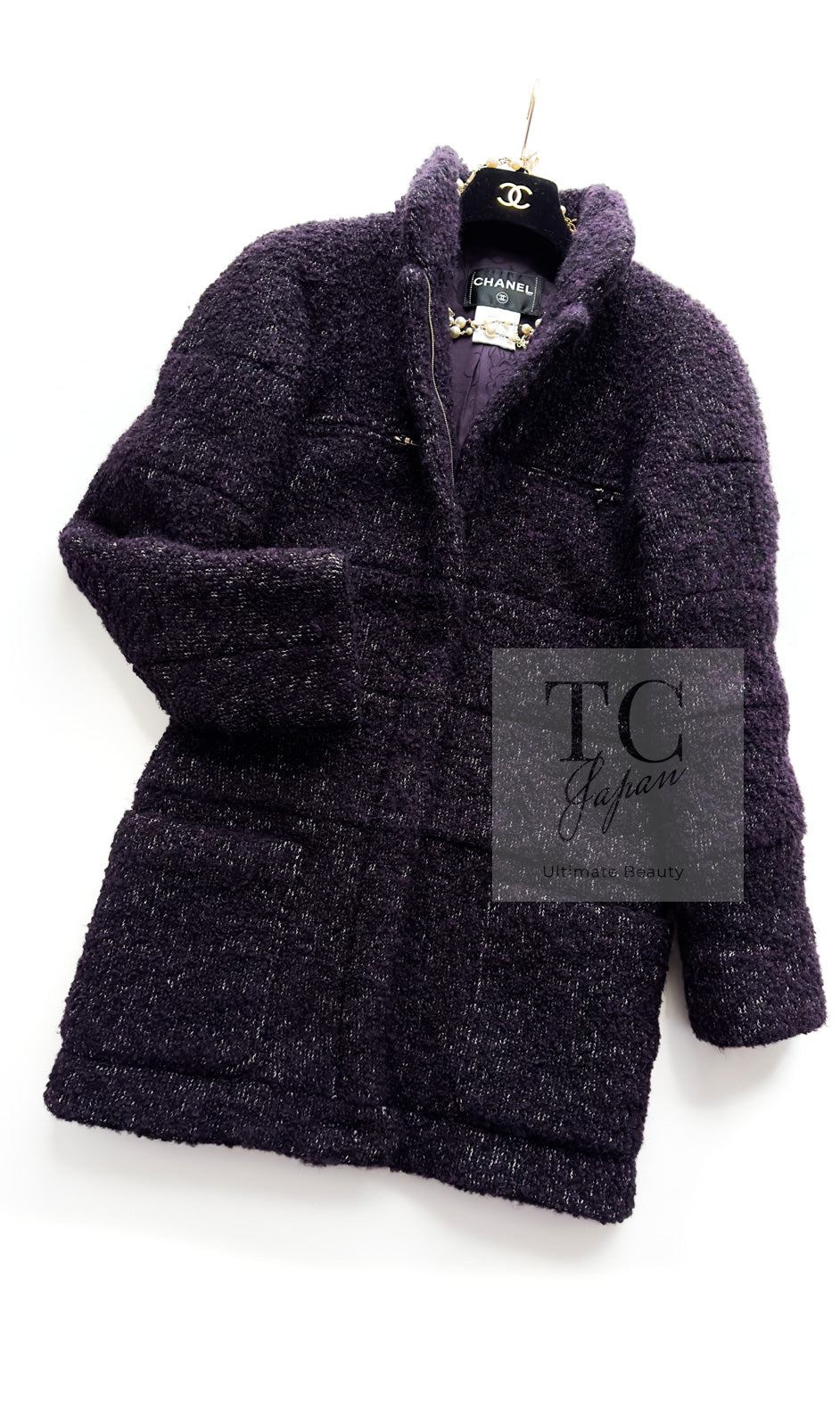 CHANEL 14A Bordeaux Wine Dark Purpke Zip up Alpaca Puffer Coat 36 シャネル ボルドーワイン ダークパープル アルパカ コットン ジッパー 中綿 コート 即発