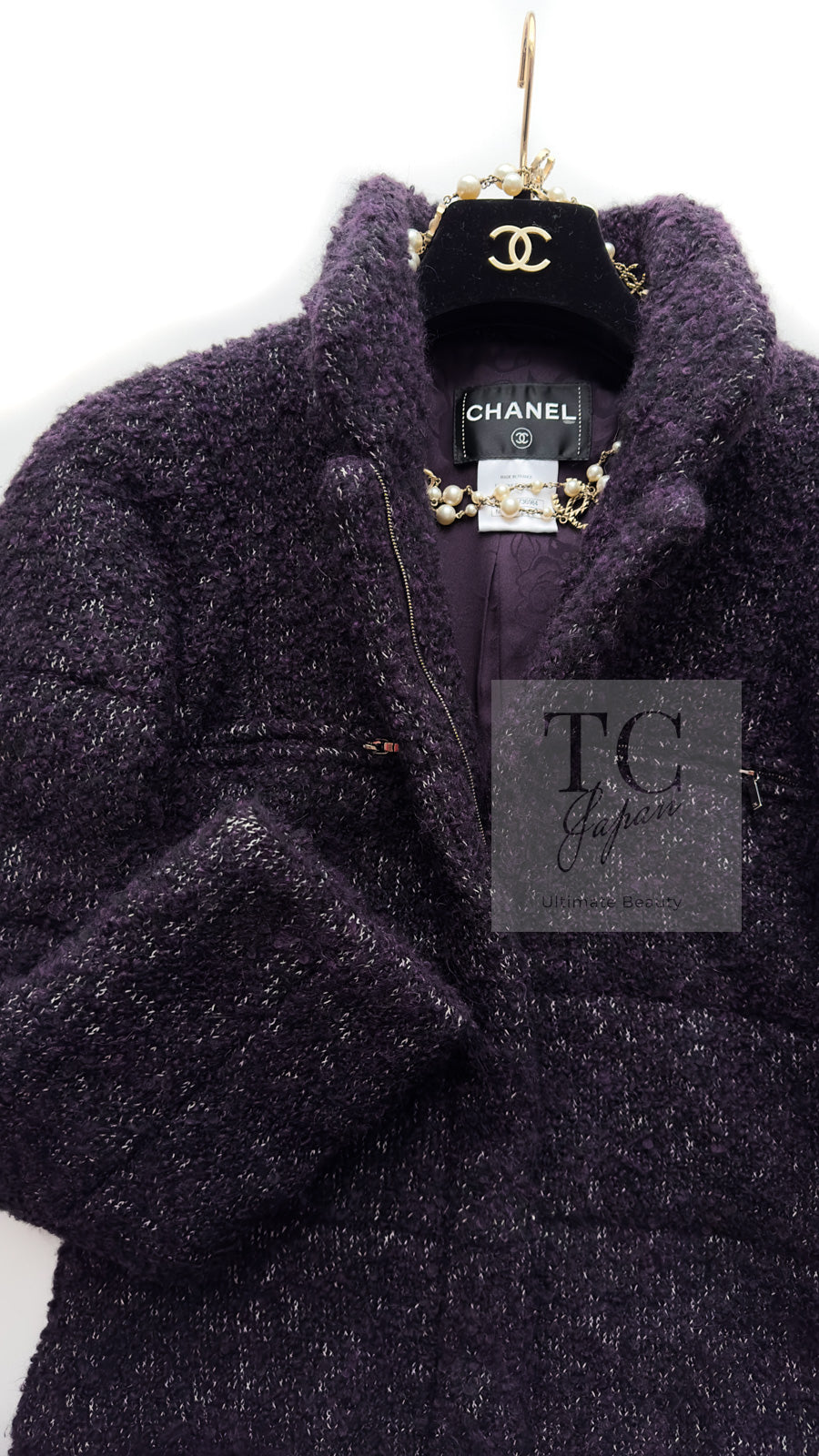 CHANEL 14A Bordeaux Wine Dark Purpke Zip up Alpaca Puffer Coat 36 シャネル ボルドーワイン ダークパープル アルパカ コットン ジッパー 中綿 コート 即発