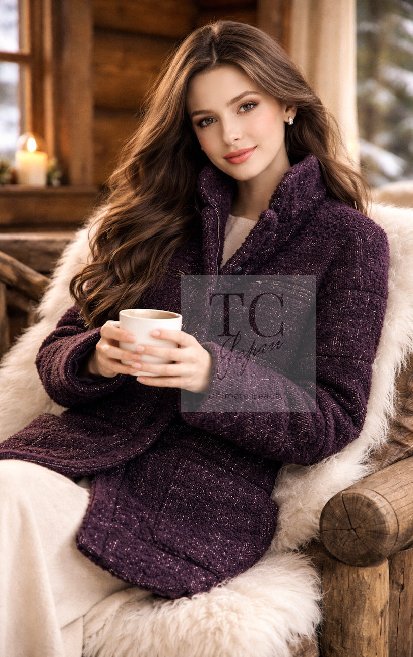 CHANEL 14A Bordeaux Wine Dark Purpke Zip up Alpaca Puffer Coat 36 シャネル ボルドーワイン ダークパープル アルパカ コットン ジッパー 中綿 コート 即発