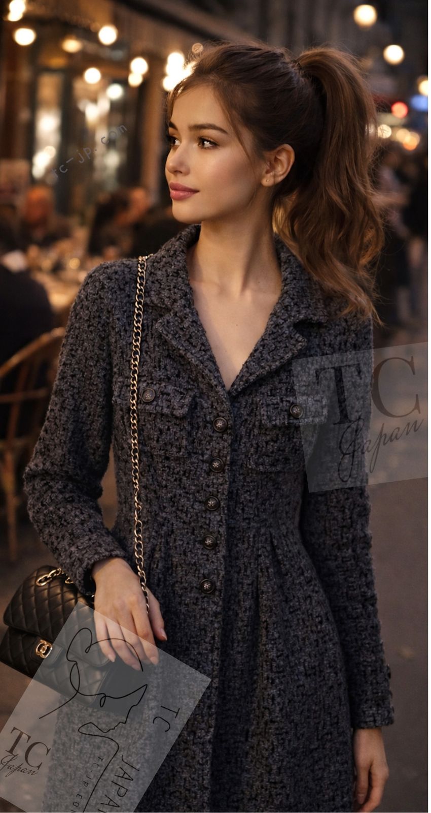 シャネル コート CHANEL グレー ブラック ライオン ボタン ベルト