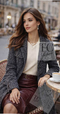 CHANEL 14B Gray Black Lion Button Belt Cotton Coat 34 36 シャネル グレー ブラック ライオン ボタン ベルト コットン コート 即発