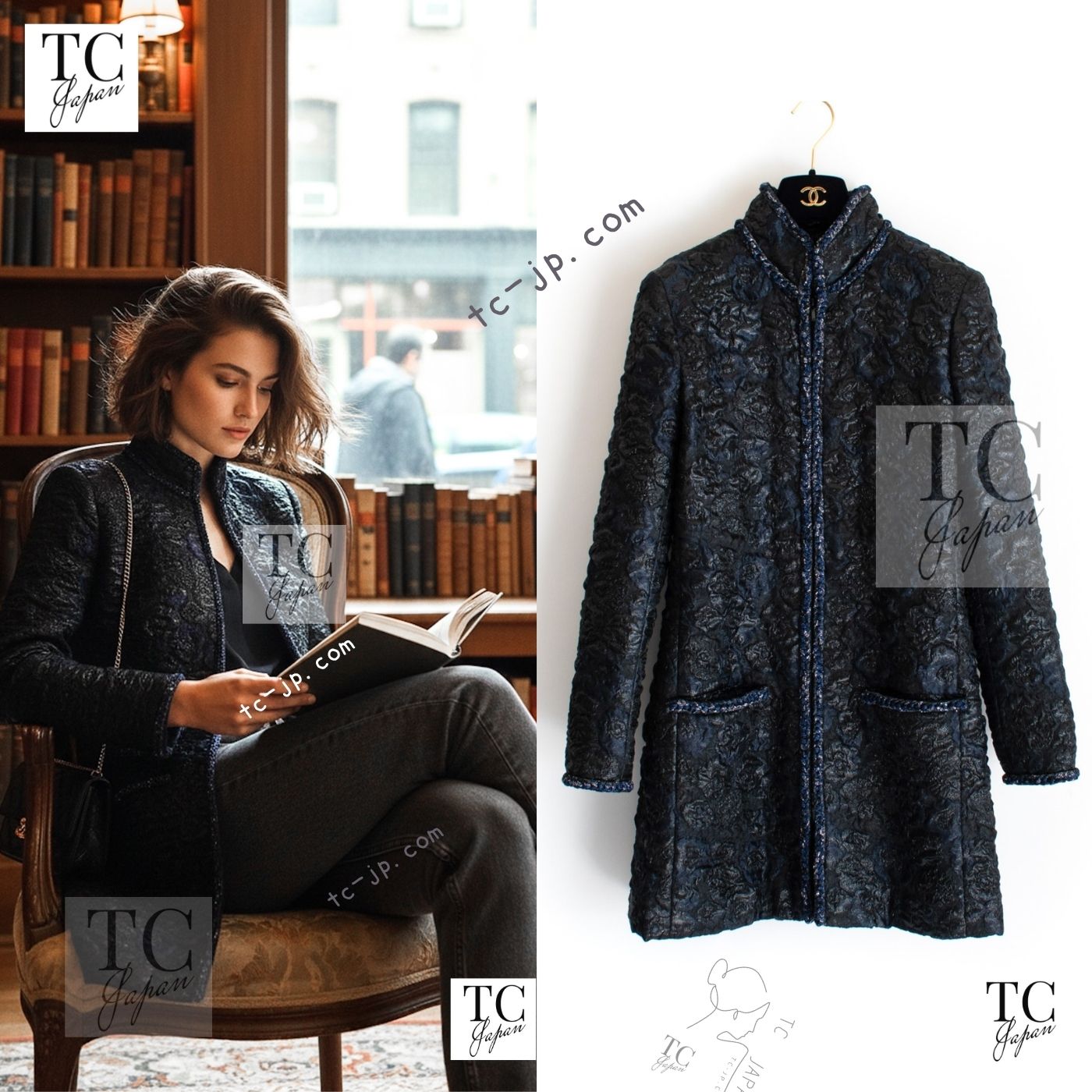 CHANEL 16B Black Navy Metallic Camellia Jacket Coat 34 36 シャネル ブラック ネイビー メタリック カメリア 3D ジャケット コート 即発