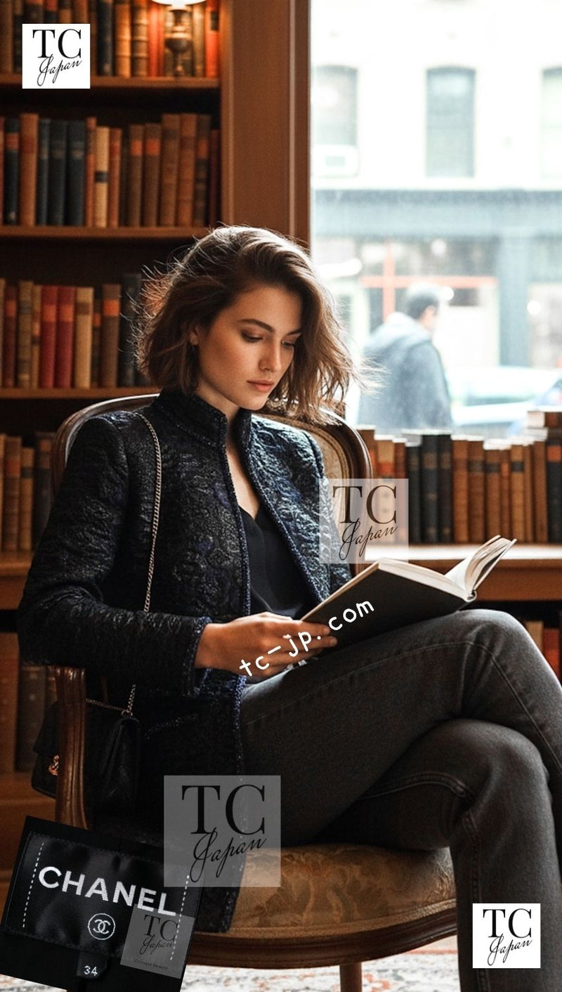 CHANEL 16B Black Navy Metallic Camellia Jacket Coat 34 36 シャネル ブラック ネイビー メタリック カメリア 3D ジャケット コート 即発