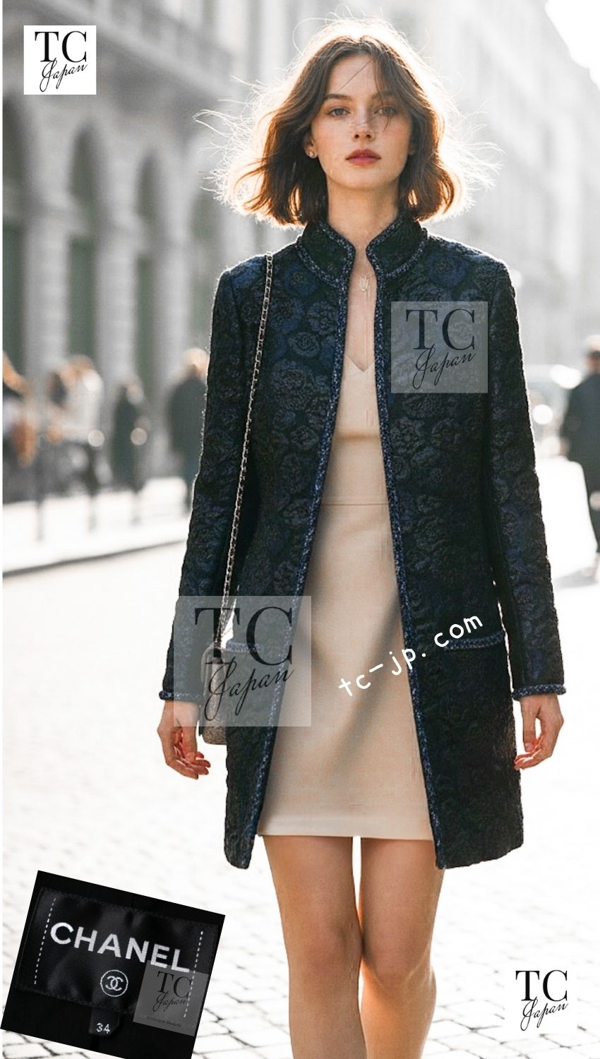 CHANEL 16B Black Navy Metallic Camellia Jacket Coat 34 36 シャネル ブラック ネイビー メタリック カメリア 3D ジャケット コート 即発