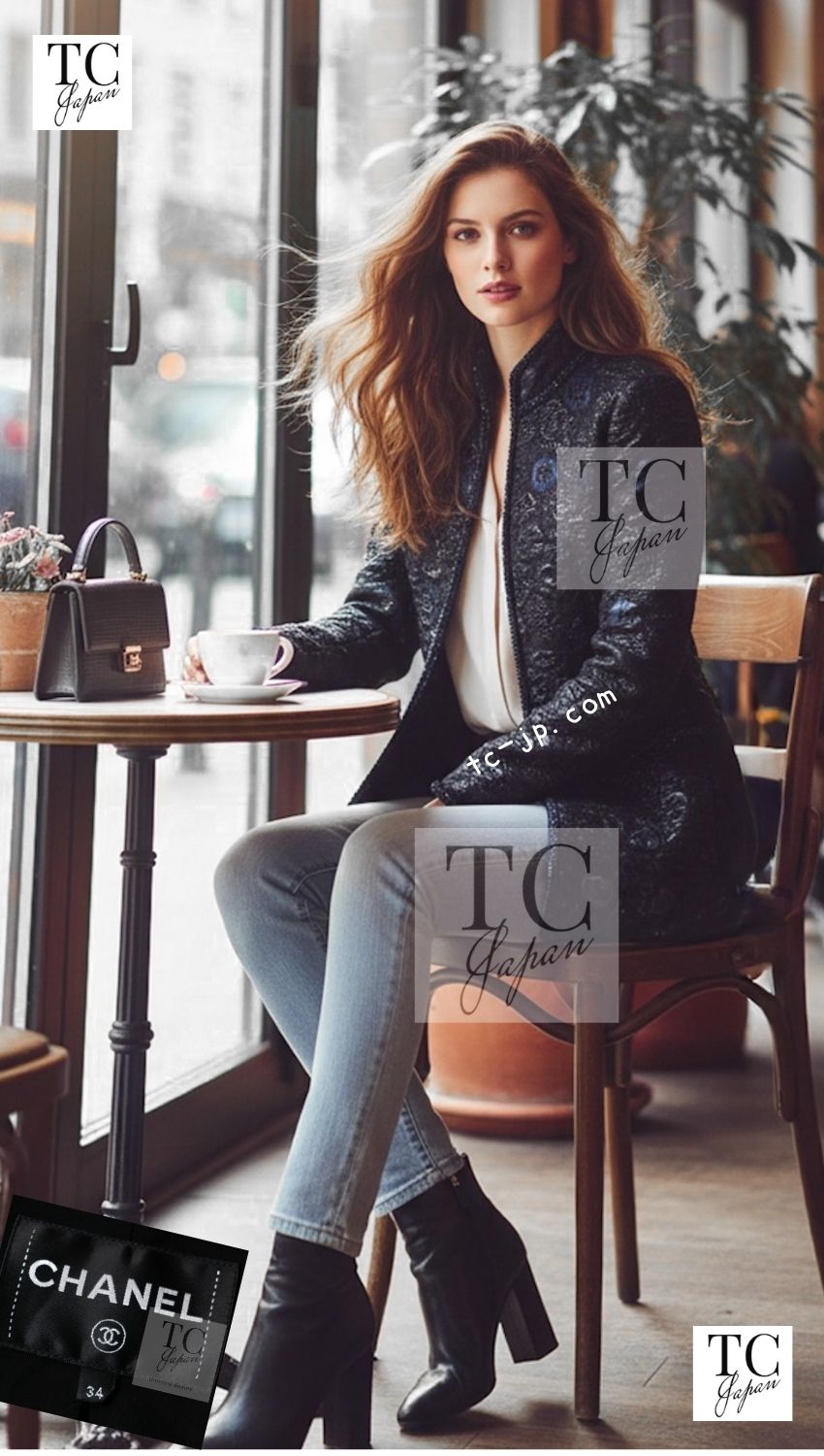 CHANEL 16B Black Navy Metallic Camellia Jacket Coat 34 36 シャネル ブラック ネイビー メタリック カメリア 3D ジャケット コート 即発