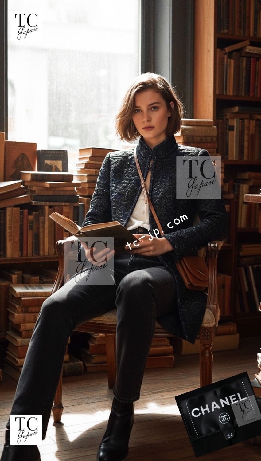 CHANEL 16B Black Navy Metallic Camellia Jacket Coat 34 36 シャネル ブラック ネイビー メタリック カメリア 3D ジャケット コート 即発