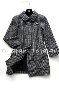 CHANEL 14B Black White Wool Silk Lama Mohair Tweed Coat 36 シャネル ブラック ホワイト ウール シルク ラマ モヘア ツイード コート 即発