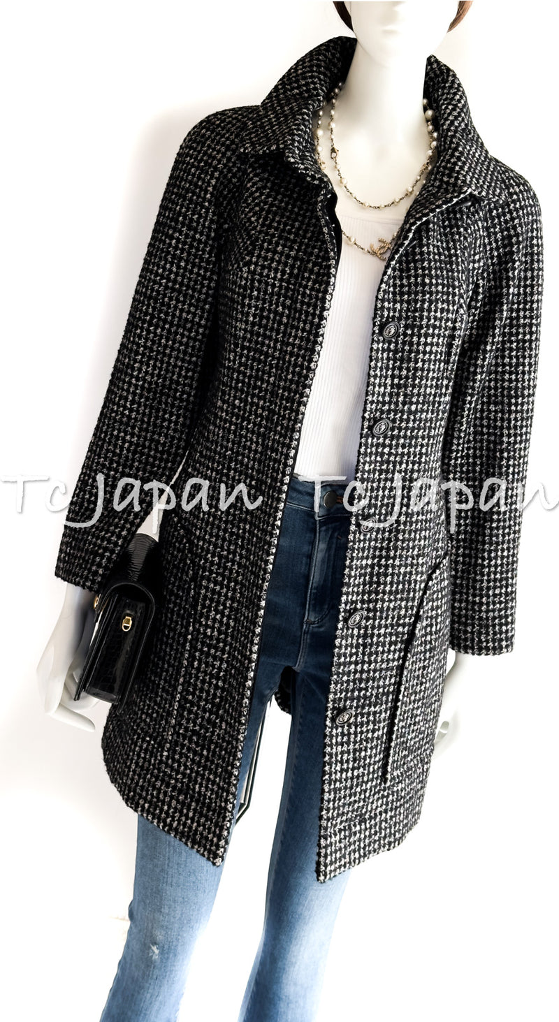 CHANEL 14B Black White Wool Silk Lama Mohair Tweed Coat 36 シャネル ブラック ホワイト ウール シルク ラマ モヘア ツイード コート 即発