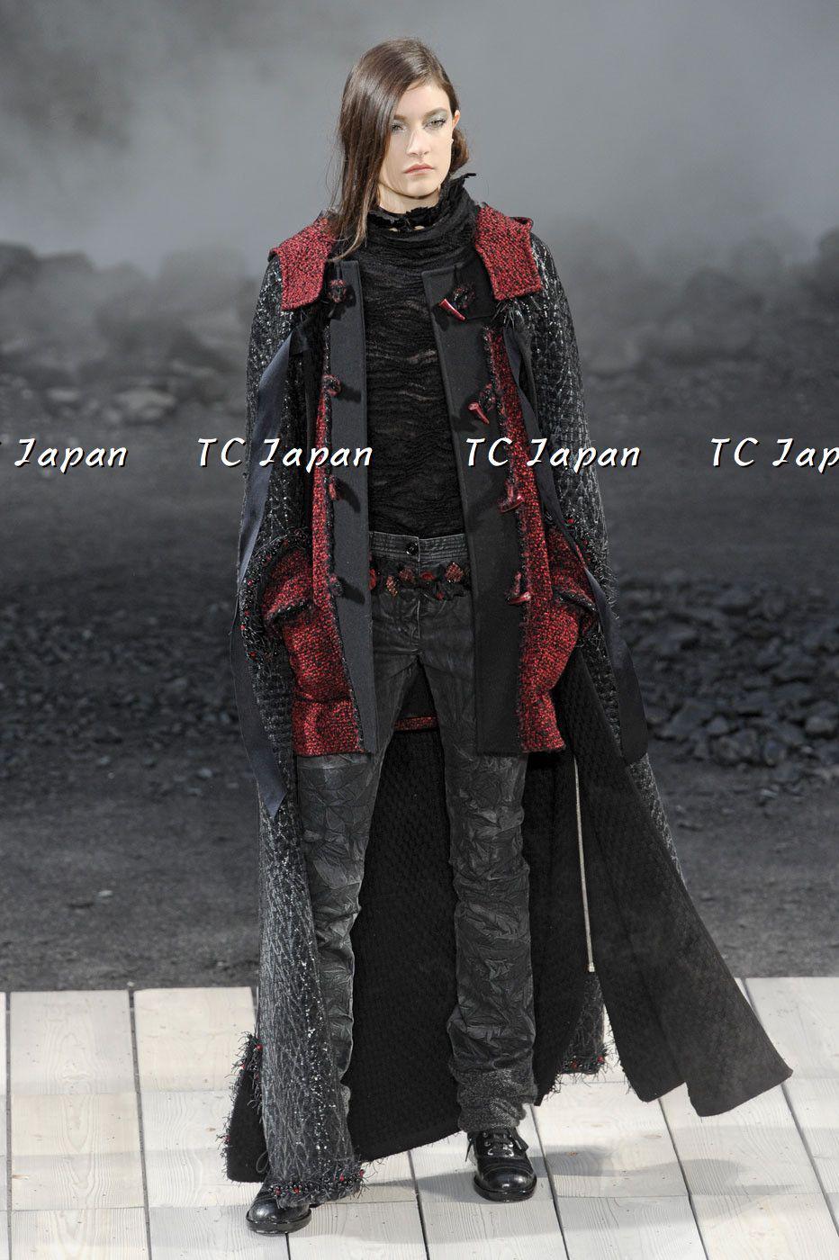 CHANEL 11A Red Black Wool Hooded Duffle Tweed Coat 38 44 46 シャネル レッド ブラック ウール フード ツイード コート 即発