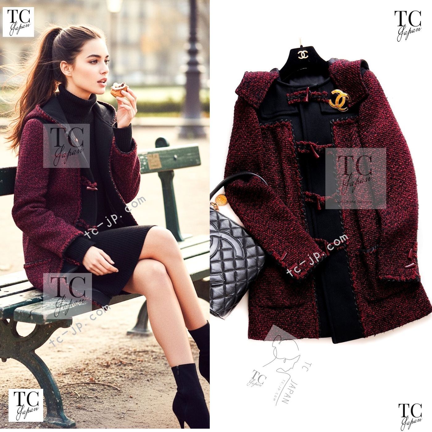 CHANEL 11A Red Black Wool Hooded Duffle Tweed Coat 38 44 46 シャネル レッド ブラック ウール フード ツイード コート 即発