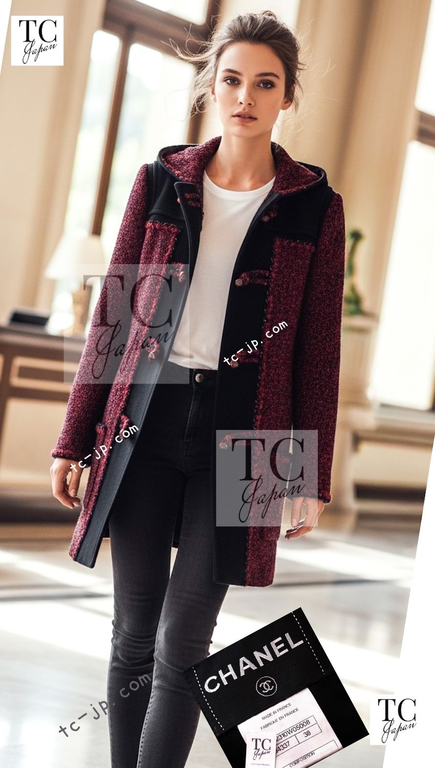 CHANEL 11A Red Black Wool Hooded Duffle Tweed Coat 38 44 46 シャネル レッド ブラック ウール フード ツイード コート 即発