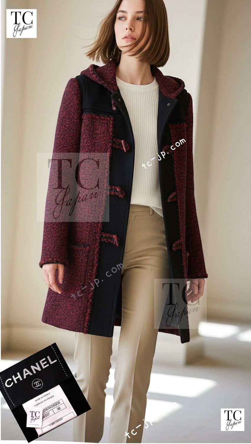 CHANEL 11A Red Black Wool Hooded Duffle Tweed Coat 38 44 46 シャネル レッド ブラック ウール フード ツイード コート 即発