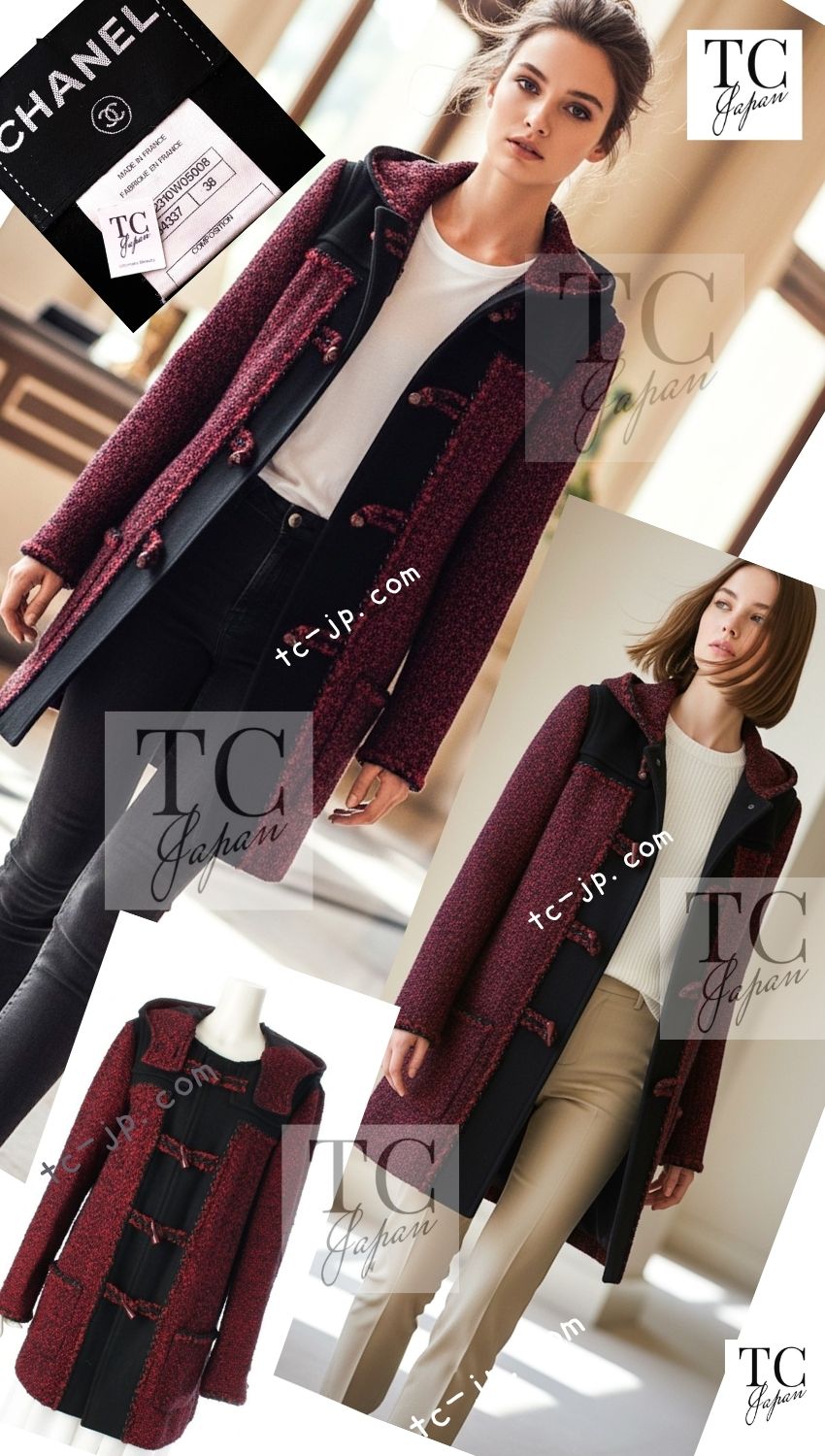 CHANEL 11A Red Black Wool Hooded Duffle Tweed Coat 38 44 46 シャネル レッド ブラック ウール フード ツイード コート 即発