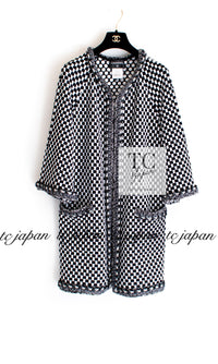 CHANEL 14S Black White Chain Trimming Knit Cardigan Coat 38 40 シャネル ブラック ホワイト チェーントリム チェック 柄 ニット カーディガン コート 即発