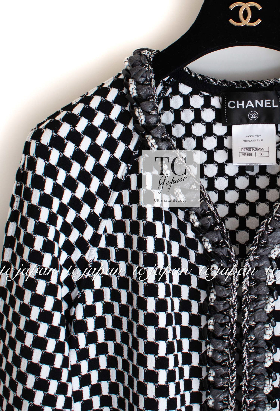 CHANEL 14S Black White Chain Trimming Knit Cardigan Coat 38 40 シャネル ブラック  ホワイト チェーントリム チェック 柄 ニット カーディガン コート 即発