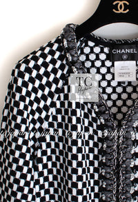 CHANEL 14S Black White Chain Trimming Knit Cardigan Coat 38 40 シャネル ブラック ホワイト チェーントリム チェック 柄 ニット カーディガン コート 即発