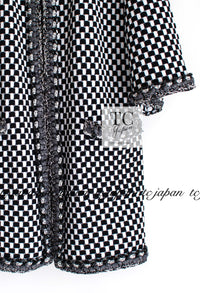 CHANEL 14S Black White Chain Trimming Knit Cardigan Coat 38 40 シャネル ブラック ホワイト チェーントリム チェック 柄 ニット カーディガン コート 即発