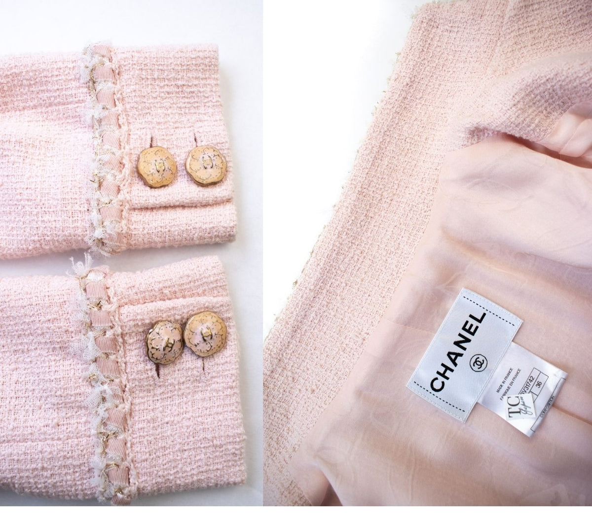 CHANEL 13C Pink Trim Stand Collar Cotton Jacket Coat Cloisonne CC Button 36 10