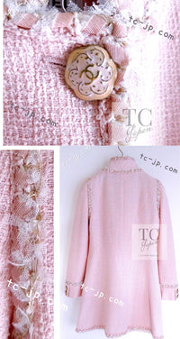 CHANEL 13C Pink Trim Stand Collar Cotton Tweed Jacket Coat Cloisonne CC Button 36 シャネル ピンク スタンドカラー コットン ツイード ジャケット コート 七宝焼 CCボタン 即発