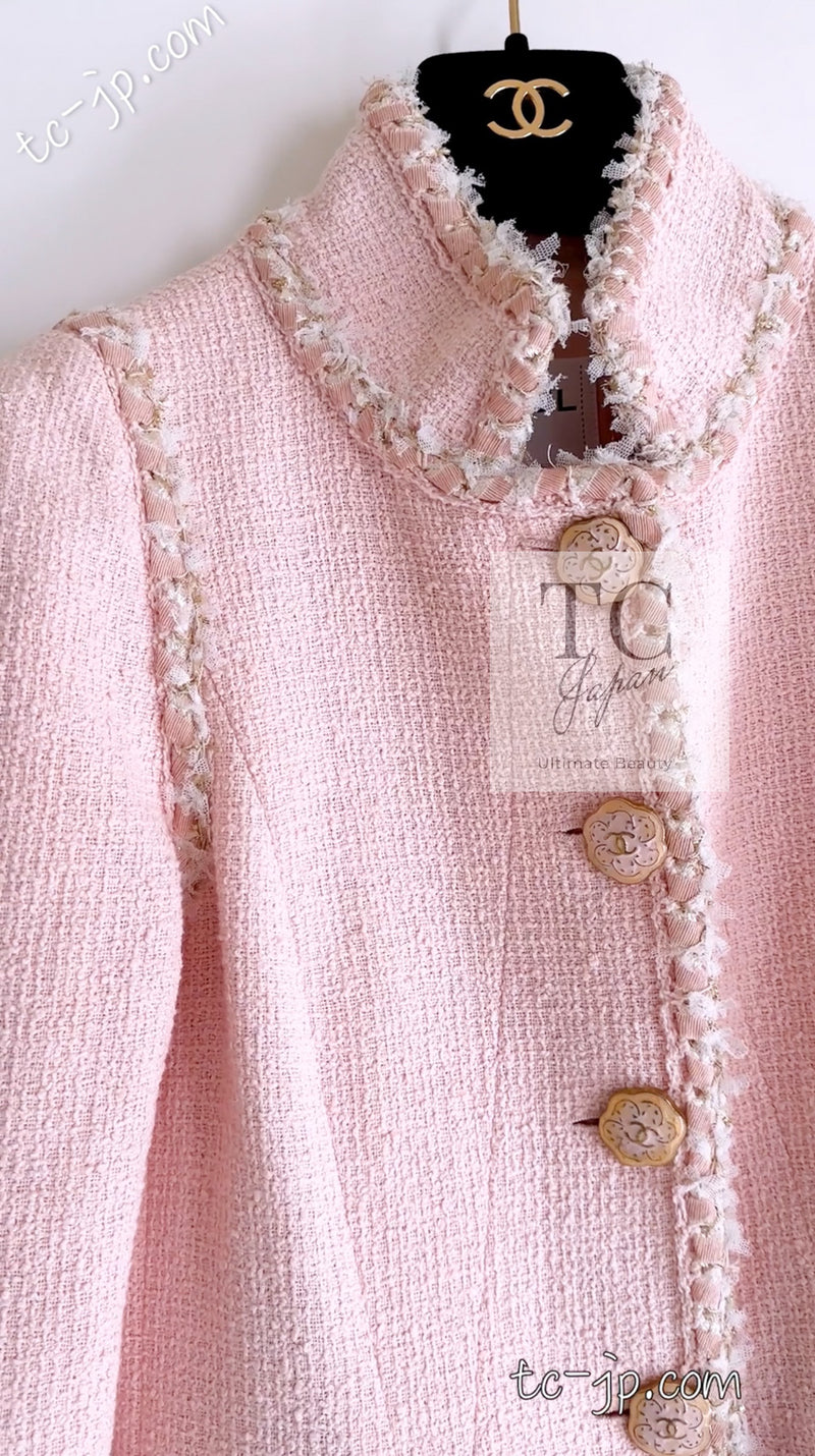 CHANEL 13C Pink Trim Stand Collar Cotton Tweed Jacket Coat Cloisonne CC Button 36 シャネル ピンク スタンドカラー コットン ツイード ジャケット コート 七宝焼 CCボタン 即発