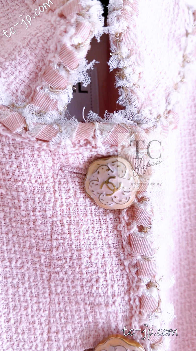 CHANEL 13C Pink Trim Stand Collar Cotton Tweed Jacket Coat Cloisonné CC Button 36 シャネル ピンク スタンドカラー コットン ツイード ジャケット コート 七宝焼 CCボタン 即発