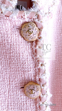 CHANEL 13C Pink Trim Stand Collar Cotton Tweed Jacket Coat Cloisonne CC Button 36 シャネル ピンク スタンドカラー コットン ツイード ジャケット コート 七宝焼 CCボタン