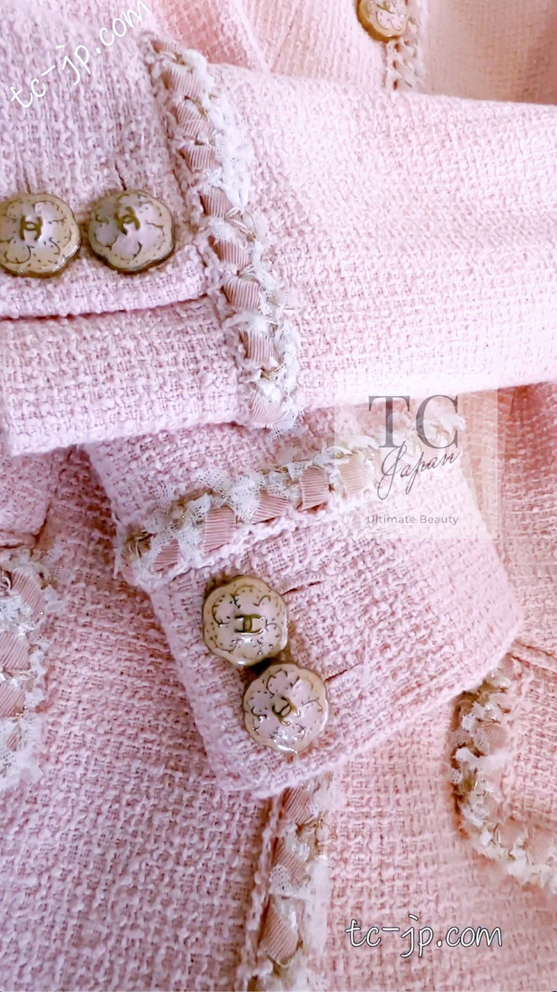 CHANEL 13C Pink Trim Stand Collar Cotton Tweed Jacket Coat Cloisonne CC Button 36 シャネル ピンク スタンドカラー コットン ツイード ジャケット コート 七宝焼 CCボタン