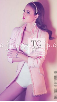 CHANEL 13C Pink Trim Stand Collar Cotton Jacket Coat Cloisonne CC Button 36 | HK