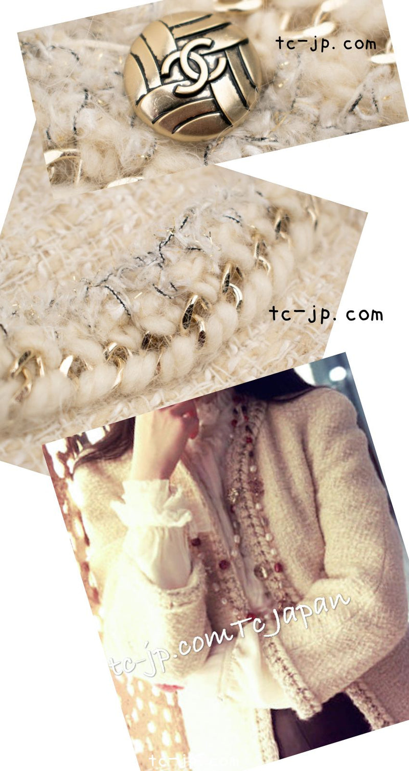 CHANEL 11A Ivory Gold Chain Trim Wool Tweed Jacket Coat 36 38 40 42 シャネル アイボリー ゴールド チェーン トリム ウール ツイード ジャケット コート 即発