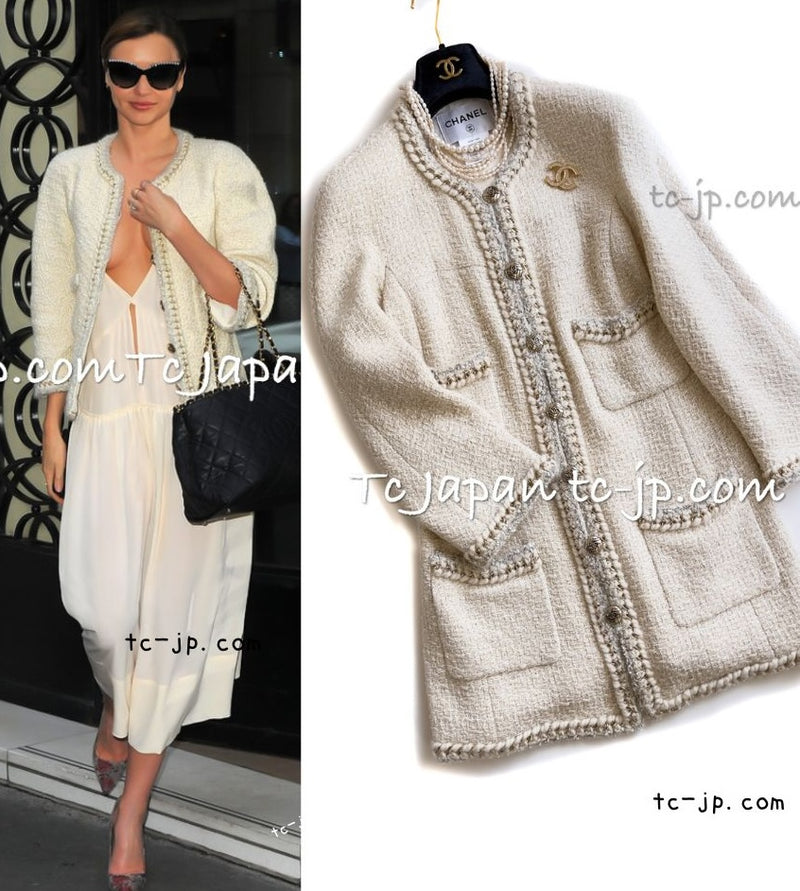 CHANEL 11A Ivory Gold Chain Trim Wool Tweed Jacket Coat 36 38 40 42 シャネル アイボリー ゴールド チェーン トリム ウール ツイード ジャケット コート 即発